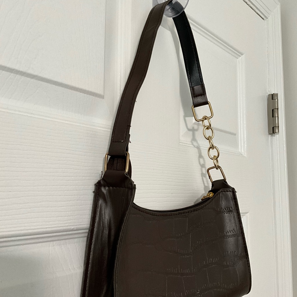 Chic Brown And Gold Shoulder Bag With Textured Leather
